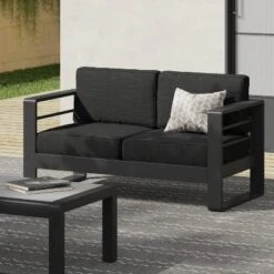Christopher Knight Home Maya Bay Aluminum Outdoor Patio Loveseat With Cushions Black/Dark Gray