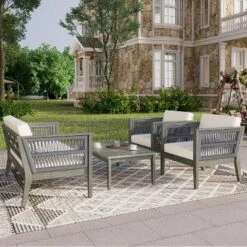 Christopher Knight Home Yan 4 Piece Patio Rope Woven Acacia Wood Seating Set With Water-Resisitant Cushion