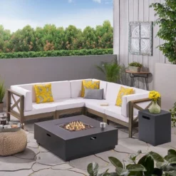 Christopher Knight Home Culatra Outdoor Acacia Wood 5 Seater Sectional Sofa Set With 50,000 BTU Iron Fire Pit -FurniVerse Store GUEST d84eaaa6 fc67 4999 8332 a37073d77068
