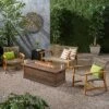 Breakwater 5pc Wood & Wicker Patio Chat Set With Fire Pit - Natural/Gray/Brown - Christopher Knight Home