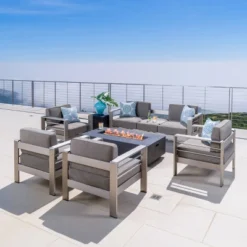 Cape Coral 7pc Aluminum And MGO Firepit Set Dark Gray/Khaki - Christopher Knight Home: Weather-Resistant, With Cushions -FurniVerse Store GUEST db26653e 8612 419a 8737 e2d3797e0e90