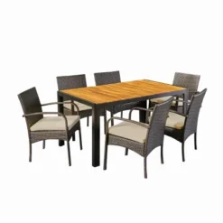 Christopher Knight Home Sere Outdoor Acacia Wood And Wicker 7 Piece Dining Set With Cushion, Brown/Cream