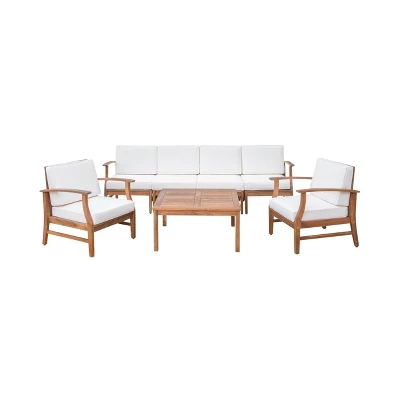 Perla 7pc Acacia Wood Sofa & Club Chair Set - Teak/Cream - Christopher Knight Home 1 Perla 7pc Acacia Wood Sofa & Club Chair Set - Teak/Cream - Christopher Knight Home
