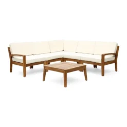 Christopher Knight Home Grenada Outdoor Acacia Wood 5 Seater Sectional Sofa Chat Set With Cushions