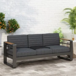 Christopher Knight Home Outdoor Aluminum 3 Seater Sofa With Water Resistant Cushions, Black Natural/Dark Gray