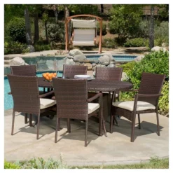 McNeil 7pc Wicker Dining Set With Cushions: Weather-Resistant, Oval Table, Polyester - Christopher Knight Home -FurniVerse Store GUEST e1d529c7 43e9 4714 a488 128b719a16ee