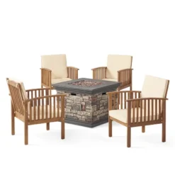 Christopher Knight Home Courtland Outdoor Acacia Wood 5 Piece Club Chair And Fire Pit Set With Cushions -FurniVerse Store GUEST e418f2e6 8174 4538 a05e 4a434ba61302