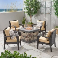 Kaula 5pc Faux Rattan Club Chair & Fire Pit Chat Set - Christopher Knight Home -FurniVerse Store GUEST e608cfb8 a645 4fa5 a919 4886c35038a3