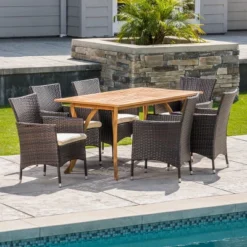 Christopher Knight Home Zain Outdoor Acacia Wood And Wicker 7 Piece Dining Set With Cushion