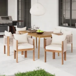 Christopher Knight Home Chase 7 Piece Outdoor Rope Weave Acacia Wood Dining Set With Cushions