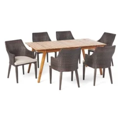 Christopher Knight Home Hemlock Outdoor Wicker And Acacia Wood 7 Piece Dining Set With Cushion