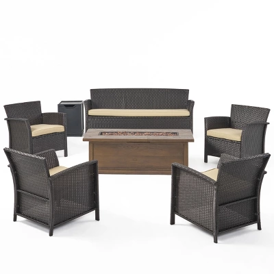 Christopher Knight Home Lucia Outdoor Wicker 7 Seater Sofa And Club Chair Chat Set With 50,000BTU Fire Pit 1 Christopher Knight Home Lucia Outdoor Wicker 7 Seater Sofa And Club Chair Chat Set With 50,000BTU Fire Pit