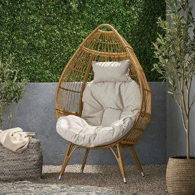 Serina Outdoor Wicker Teardrop Chair With Cushion - Beige/Light Brown - Christopher Knight Home 1 Serina Outdoor Wicker Teardrop Chair With Cushion - Beige/Light Brown - Christopher Knight Home