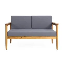 Christopher Knight Home Magnolia Outdoor 52.75" Acacia Wood Loveseat With Cushions, Teak/Dark Gray