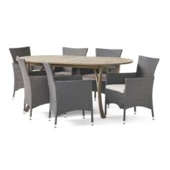 Wyatt 7pc Acacia Wood & Polyethylene Wicker Patio Dining Set - Gray/Beige - Christopher Knight Home: Outdoor Furniture Set With Cushions -FurniVerse Store GUEST f00bb4ef 5c9c 4dd9 b070 0b952cdc9a9e