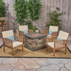 Christopher Knight Home Courtland Outdoor Acacia Wood 5 Piece Club Chair And Fire Pit Set With Cushions